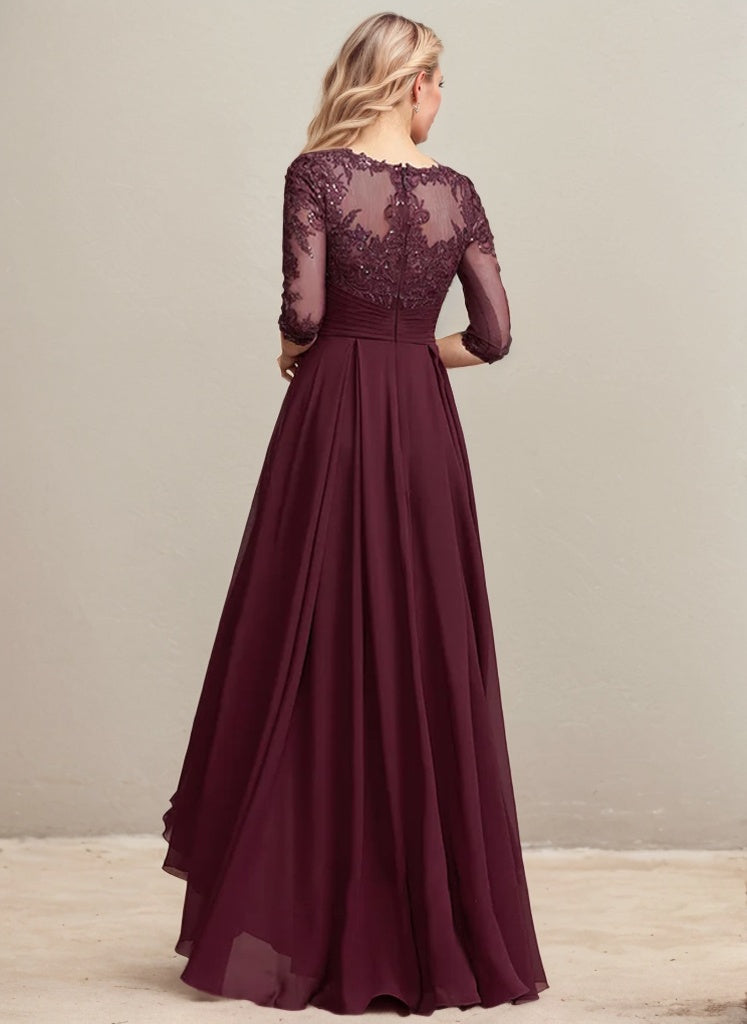 A-Linie, U-Ausschnitt, Illusion, asymmetrisch, Spitze, Chiffon, Kleid für die Brautmutter mit plissierten Pailletten 