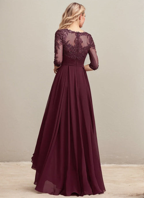 Abito da madre della sposa in chiffon di pizzo asimmetrico con scollatura a U a linea ad A e paillettes plissettate