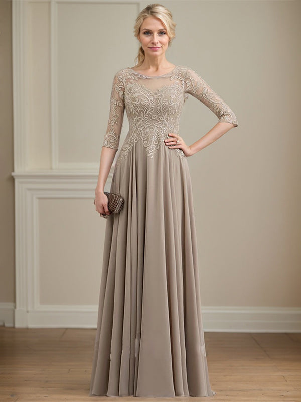 A-Linie, U-Ausschnitt, Illusion, bodenlanges Spitzen-Chiffon-Kleid für die Brautmutter mit Pailletten 