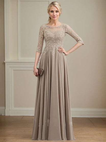 A-Linie, U-Ausschnitt, Illusion, bodenlanges Spitzen-Chiffon-Kleid für die Brautmutter mit Pailletten 