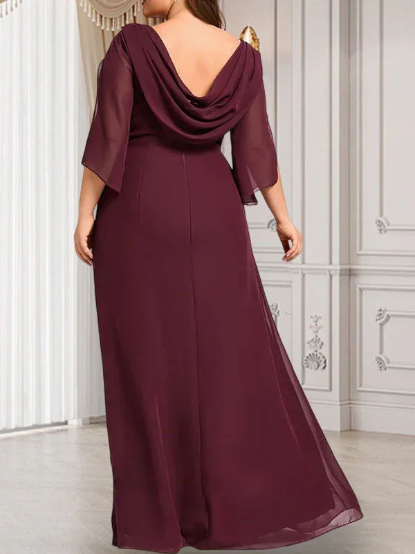 Etui/Säulenförmiges Bodenlanges Chiffonkleid für die Brautmutter mit Falten und Perlenstickerei
