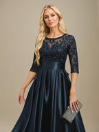 A-line Scoop Illusion Floor-Length Stretch Satin Lace Mother of the Bride Dress With Bow Sequins