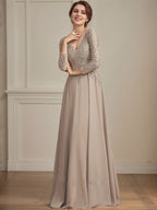 Robe de mère de la mariée en mousseline de soie à dentelle, longueur au sol, en ligne A, col en V, ornée de paillettes