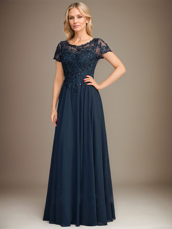 Robe de mère de la mariée en mousseline, longueur au sol, coupe en A, décolleté arrondi, ornée d'appliques et de paillettes