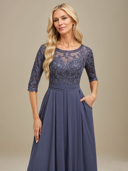 A-Linie U-Ausschnitt Bodenlang Spitzen-Chiffon-Kleid für die Brautmutter mit Paillettenapplikation 