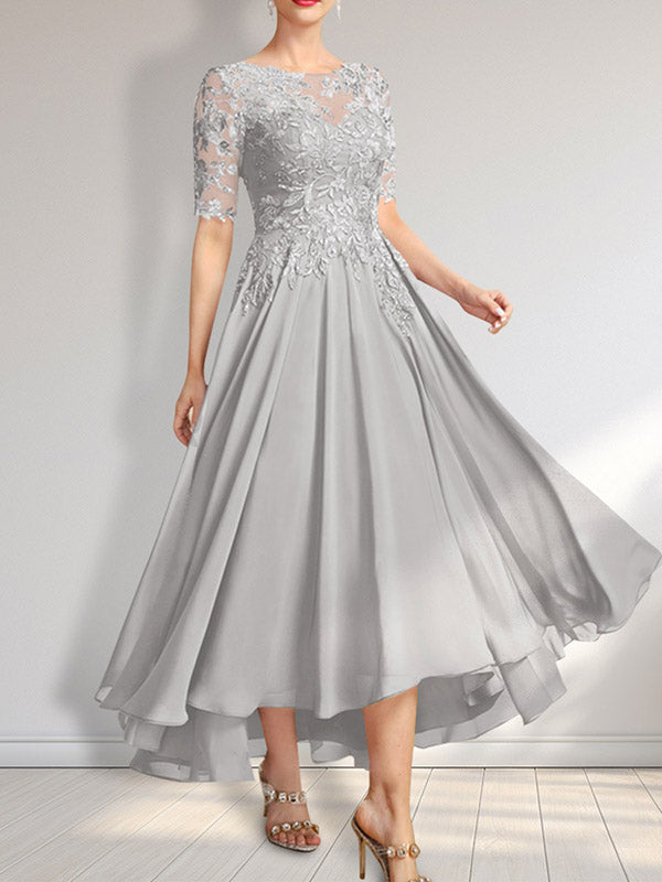 Robe de mère de la mariée en mousseline et dentelle asymétrique illusion à encolure dégagée, coupe en A, ornée de paillettes