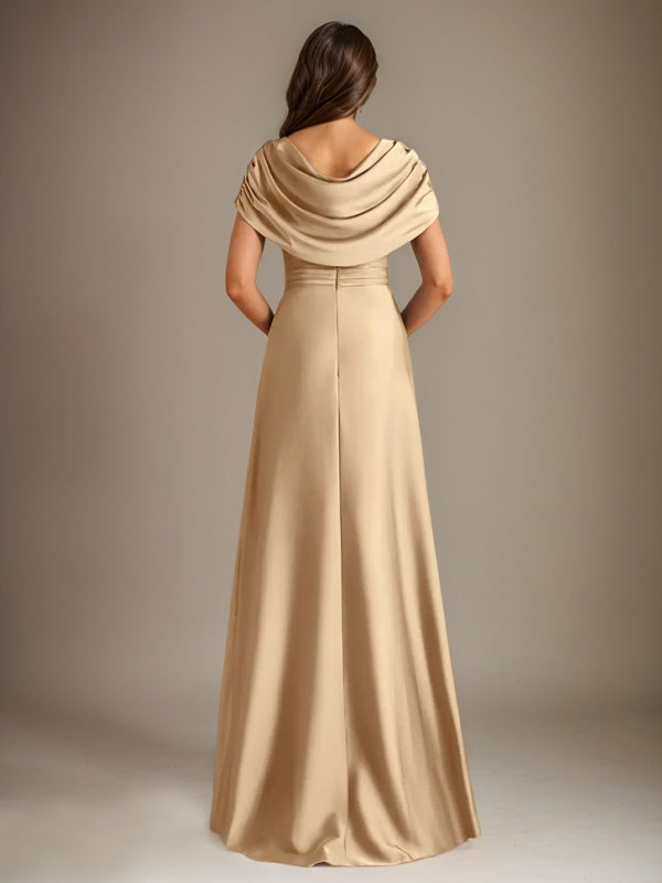 Robe de mère de la mariée en satin extensible, longueur au sol, coupe en A avec encolure dégagée et volants en cascade