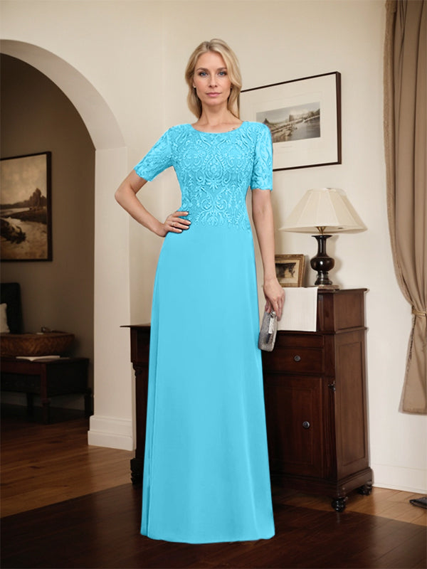Robe de mère de la mariée en dentelle et mousseline, longueur au sol, en ligne A, décolleté en U, ornée de paillettes