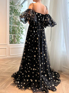 Vestido longo de baile preto em tule com corte em A, vestido formal de noite em tule preto Y248