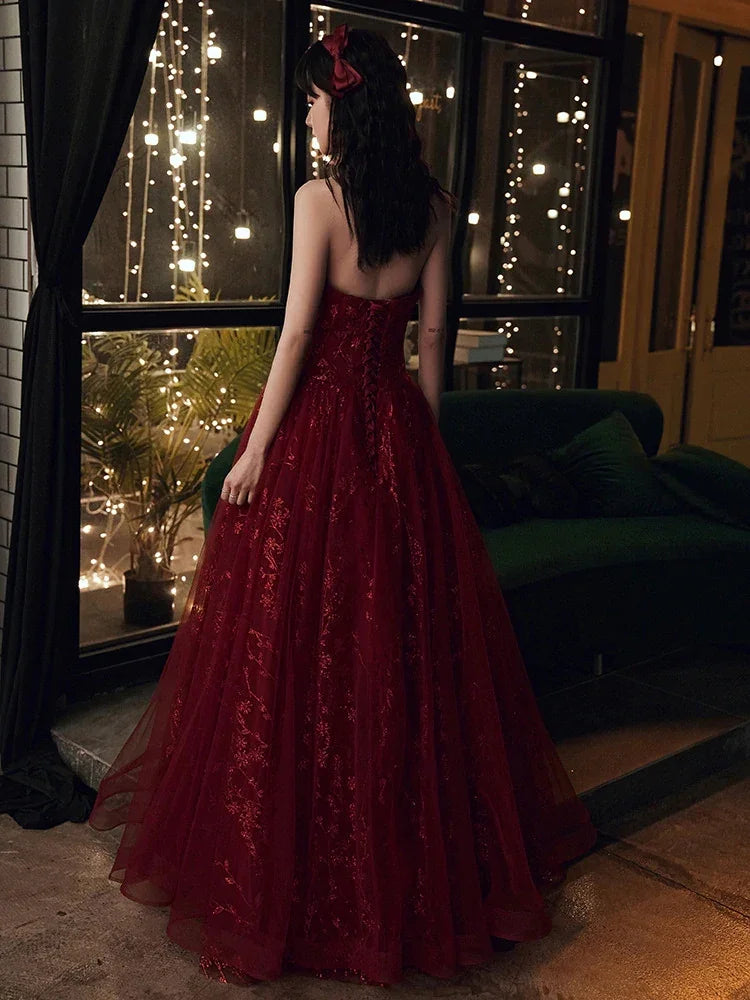 Robe de soirée longue en dentelle florale rouge vin et tulle Robe de fête bordeaux Robes de cérémonie Y1661