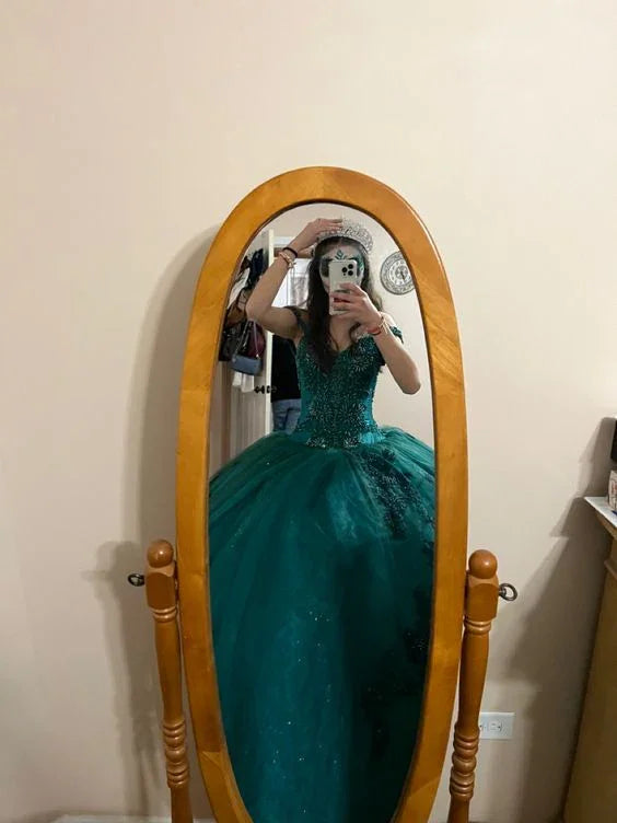 Robe de bal verte émeraude à épaules dénudées, robe de seize ans, robe de fête pour 18 ans Y6499