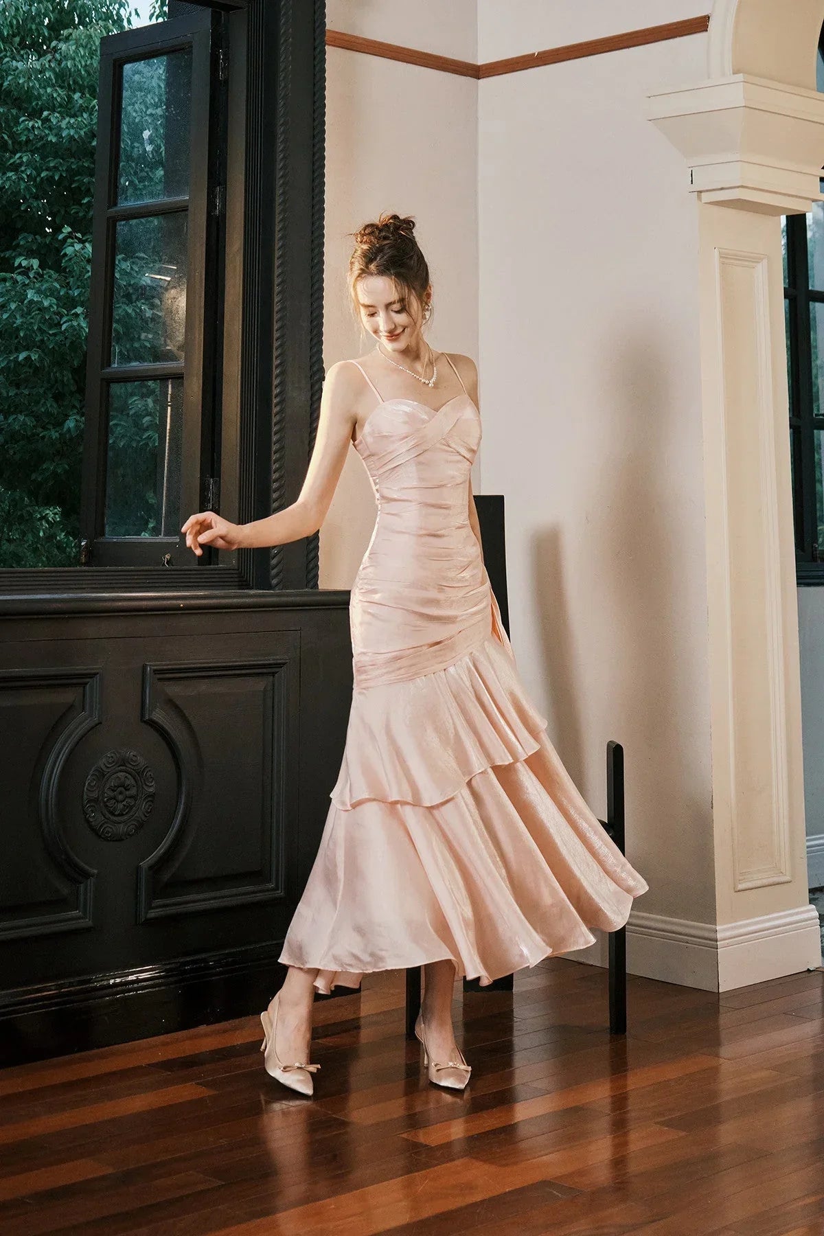 Vestido de Noite Sereia em Cetim com Alças Doce Coração Rosa Doce Vestido Longo de Baile Y8092