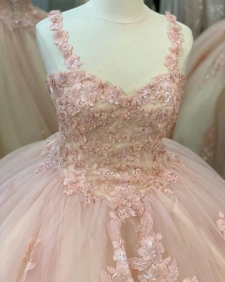 Abito da ballo in tulle dolce per Quinceañera 16 pizzo rosa festa fiore scintillante abito da sera Y3027