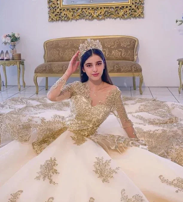 Abiti da ballo con balze in champagne Abiti da quindici anni Applicazioni di perline e paillettes Abito lungo a maniche lunghe da cerimonia da principessa Y4952