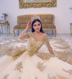 Abiti da ballo con balze in champagne Abiti da quindici anni Applicazioni di perline e paillettes Abito lungo a maniche lunghe da cerimonia da principessa Y4952