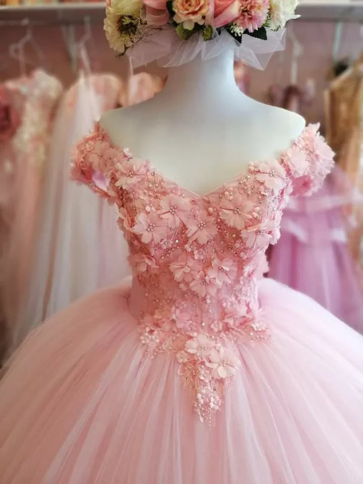 Vestido de baile romántico rosa de tul con apliques Y2685