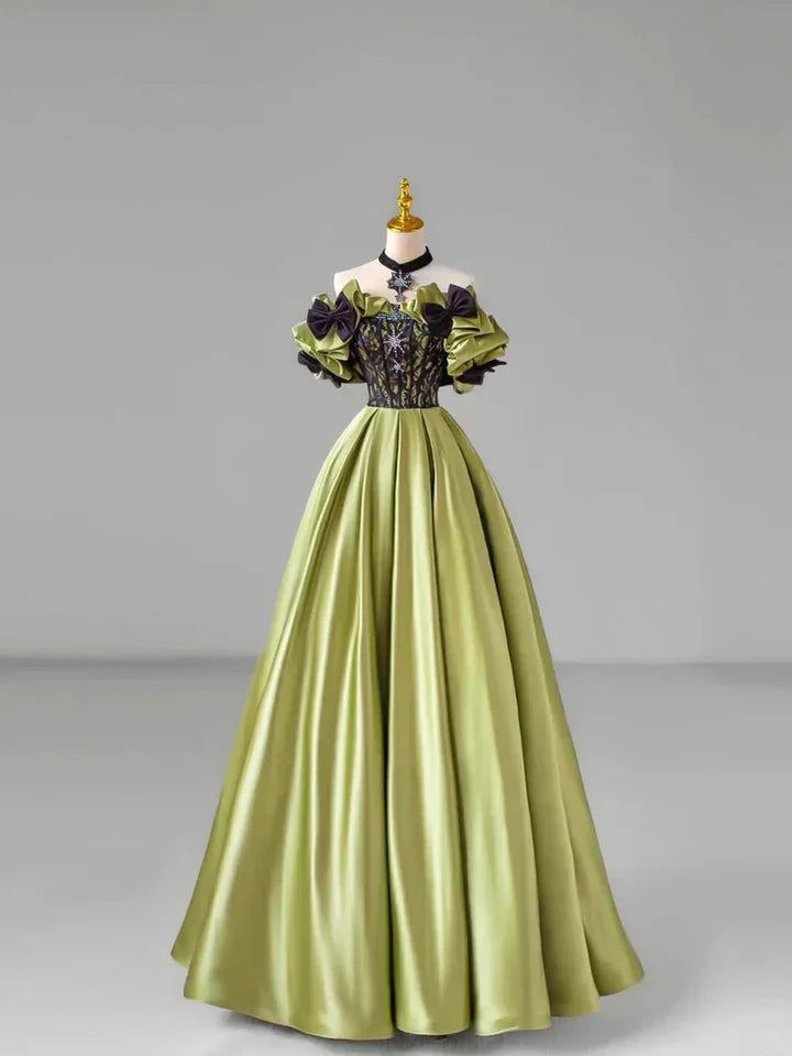 Vestido de Baile Verde Elegante com Laço, Renda e Contas em Cetim, Modelo Ombros Descobertos Y7745