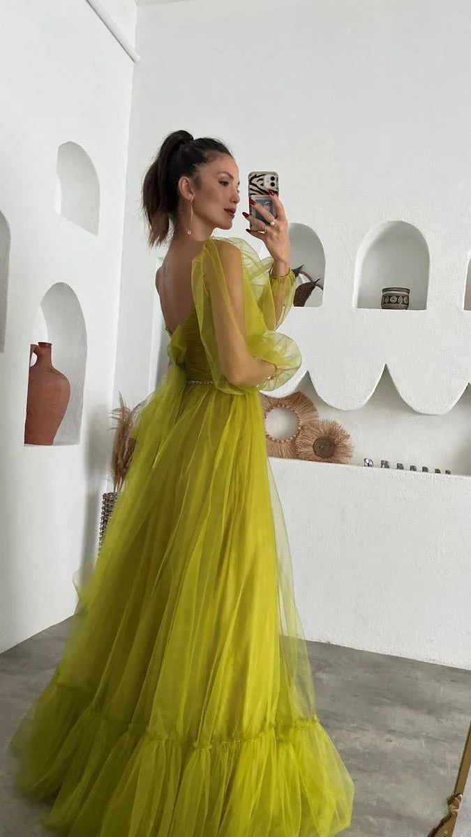 Robe de bal fée verte pour adulte, longue robe à corset en tulle Y6148