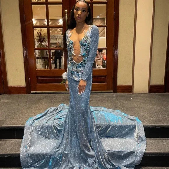 Vestido Formal de Baile com Aplicações de Contas em Cetim Azul Deslumbrante Vestido de Noite Sereia Sexy com Costas Descobertas Y7949