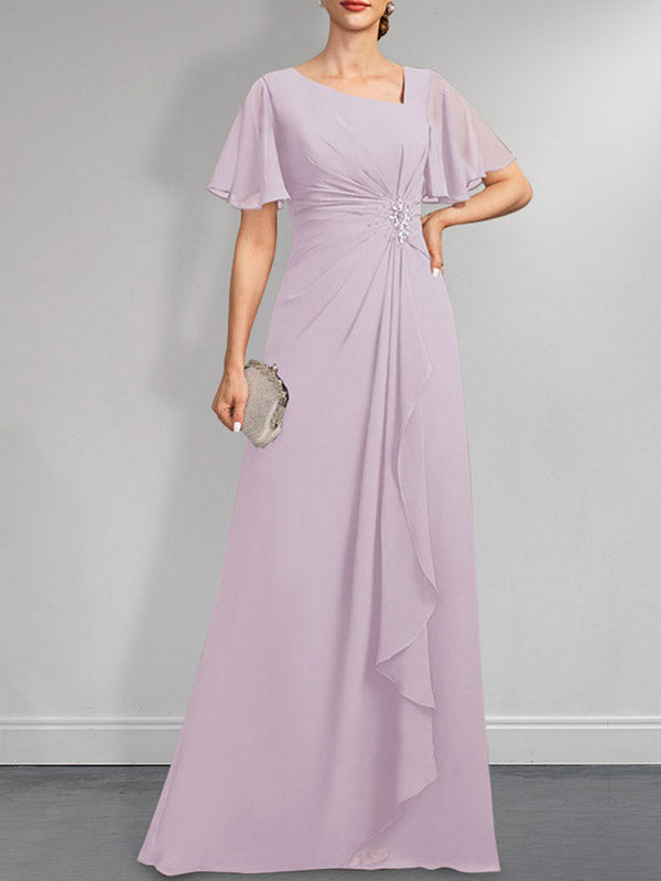Robe de mère de la mariée en mousseline asymétrique longue jusqu'au sol, coupe en A, ornée de perles plissées et de paillettes