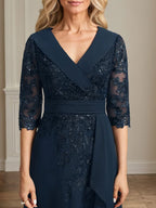 Abito da madre della sposa in chiffon di pizzo a linea ad A, con collo, scollo a V, lunghezza fino al pavimento, paillettes e balze a cascata