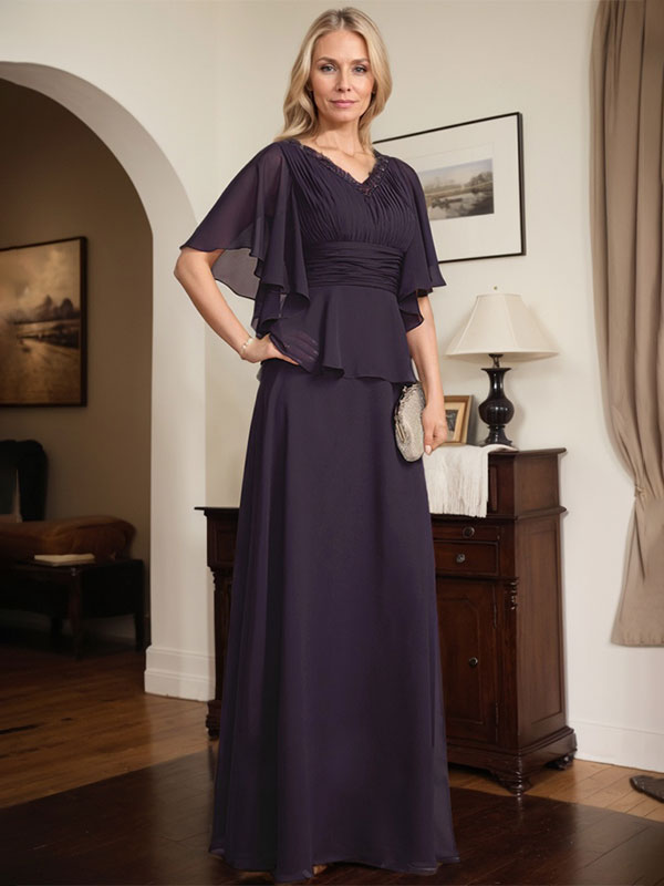 A-Linie, V-Ausschnitt, bodenlanges Chiffonkleid für die Brautmutter mit plissierter Perlenstickerei