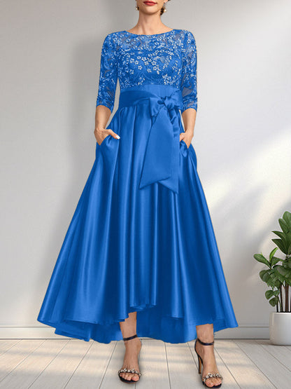 A-Linie U-Ausschnitt Illusion Asymmetrisch Satin Spitze Mutter der Braut Kleid mit Schleife