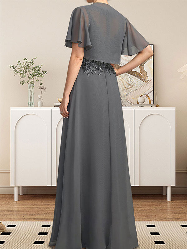 A-Linie, U-Ausschnitt, Illusion, bodenlanges Spitzen-Chiffon-Kleid für die Brautmutter mit Pailletten