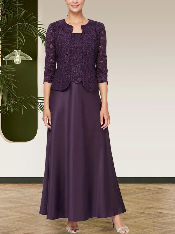 فستان مع جاكيت تنورة من الدانتيل اللامع والساتان مع جاكيت مفتوح