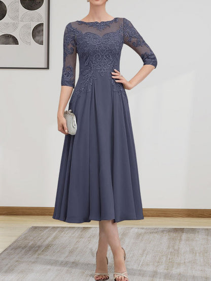A-Linie, U-Ausschnitt, Illusion, knielang, Chiffon, Spitze, Kleid für die Brautmutter mit Perlen und Pailletten