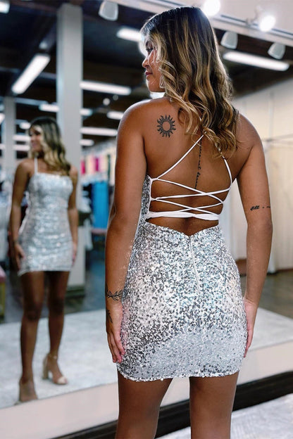 Vestidos de fiesta cortos con lentejuelas negras, tirantes ajustados y purpurina