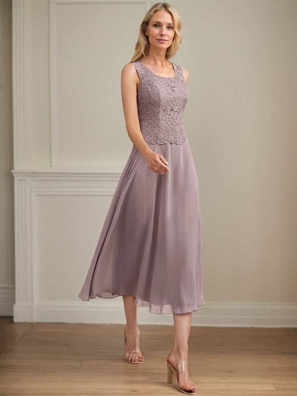 A-Linie U-Ausschnitt Wadenlang Chiffon-Kleid für die Brautmutter 