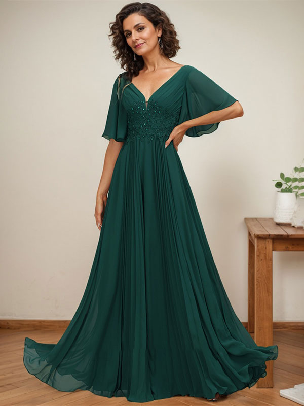 Robe de mère de la mariée en mousseline longueur au sol, coupe en A, col en V, ornée d'appliques en dentelle plissée et de paillettes