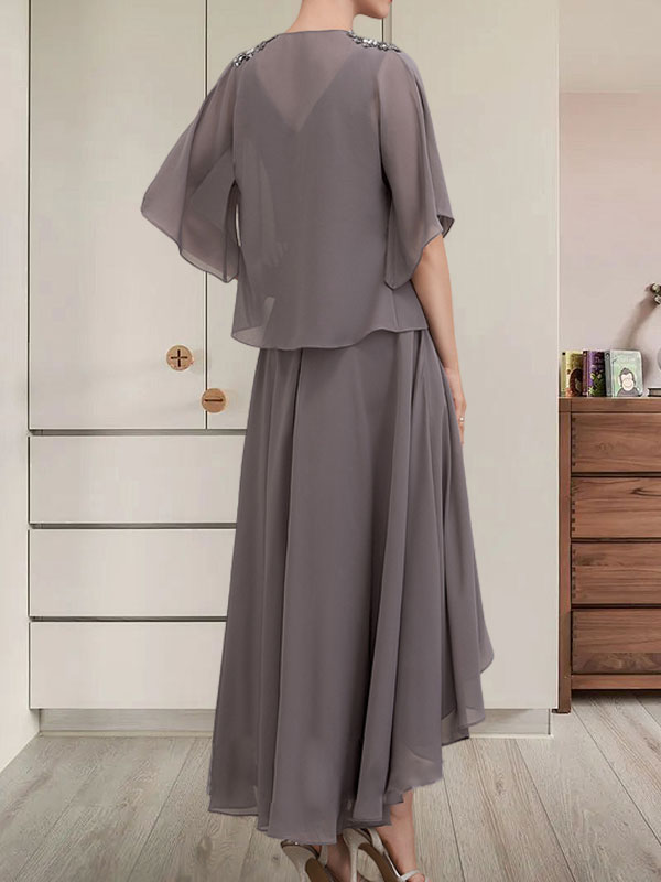 Vestido de gasa asimétrico para madre de la novia con escote en V, corte A y lentejuelas con abalorios
