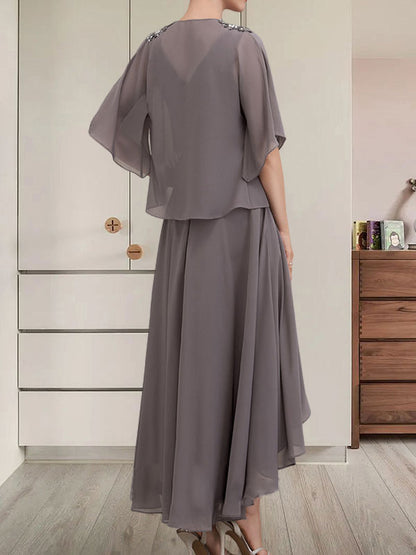 Vestido de gasa asimétrico para madre de la novia con escote en V, corte A y lentejuelas con abalorios