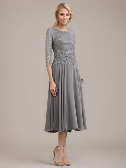 A-Linie U-Ausschnitt Wadenlang Chiffon-Kleid für die Brautmutter 