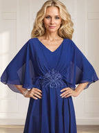 Robe de mère de la mariée en mousseline, longueur thé, en forme de A, col en V, avec appliques plissées de sequins, dentelle et perlage