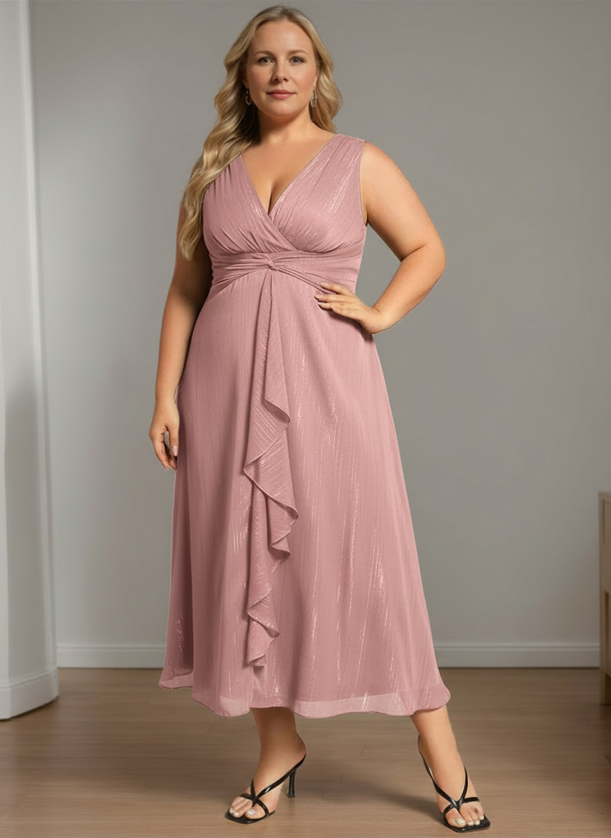 Pure Color Tea Length Mother Of The Bride Dress With Vneck And Aline Silhouette