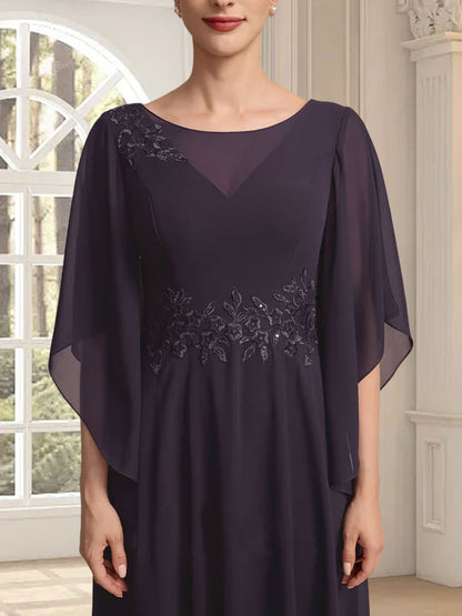 A-Linie, U-Ausschnitt, Illusion, knöchellang, Spitzen-Chiffon, Kleid für die Brautmutter mit Pailletten 