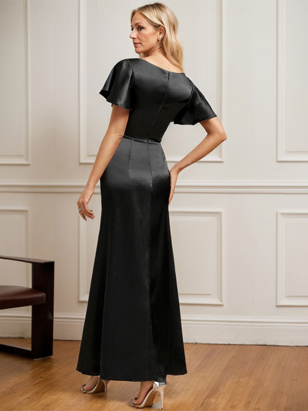 Robe de mère de la mariée en satin extensible, longueur cheville, en ligne A, décolleté arrondi, ornée de perles plissées