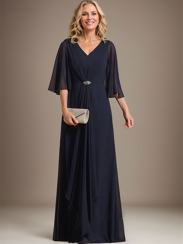 A-line V-Neck Floor-Length Chiffon Mother of the Bride Dress With Cascading Ruffles Crystal Brooch