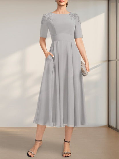A-Linie U-Ausschnitt Wadenlang Chiffon Kleid für die Brautmutter mit Applikationen Spitze Pailletten