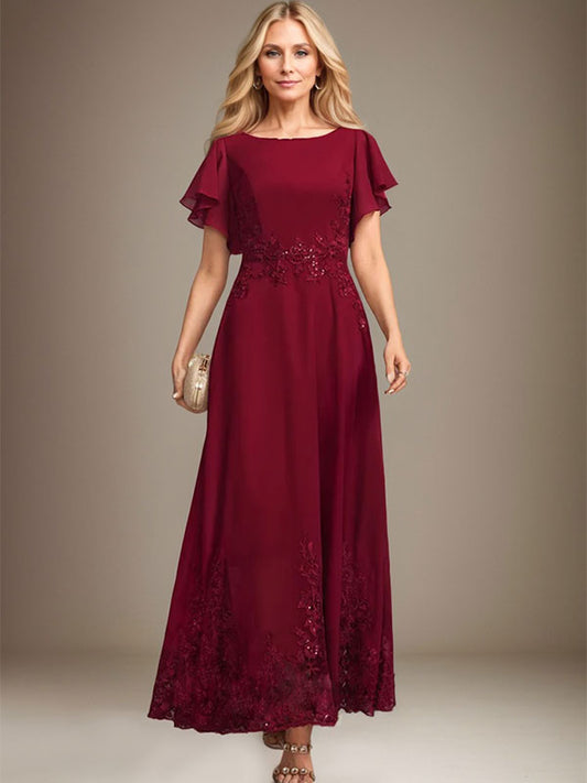 Vestido de gasa con encaje y lentejuelas para madre de la novia, corte A, escote redondo hasta los tobillos