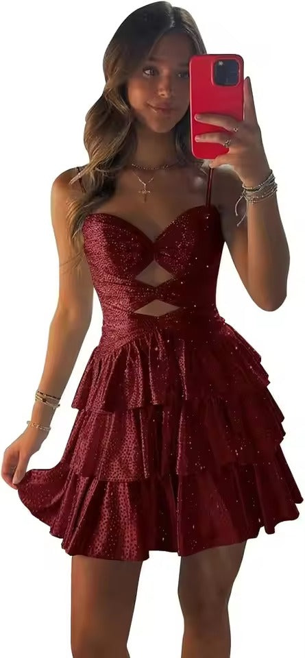 Vestido Curto Brilhante Sem Alças com Recortes | Vestido de Volantes em Camadas para Baile de Regresso a Casa
