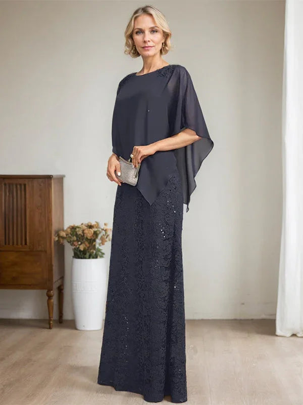 Vestido de madrina de novia de encaje de gasa con lentejuelas y abalorios, corte columna y largo hasta el suelo