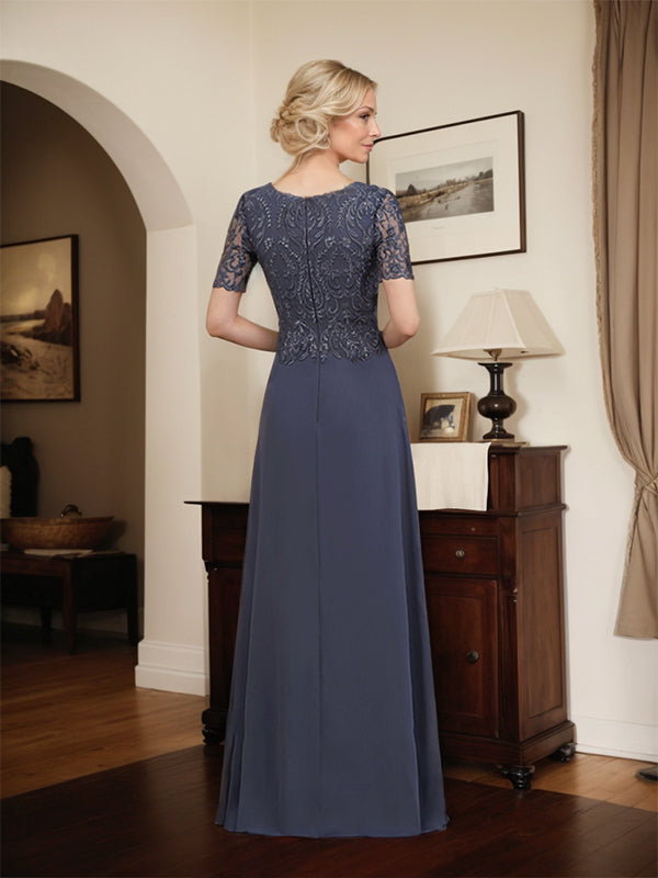 Robe de mère de la mariée en dentelle et mousseline, longueur au sol, en ligne A, décolleté en U, ornée de paillettes