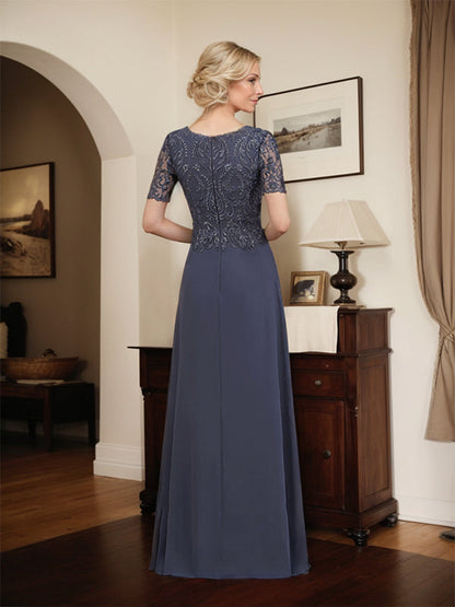 A-Linie U-Ausschnitt Bodenlang Spitzen-Chiffon-Kleid für die Brautmutter mit Pailletten