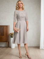 A-Linie U-Ausschnitt Knielang Chiffon Spitzenkleid für die Brautmutter