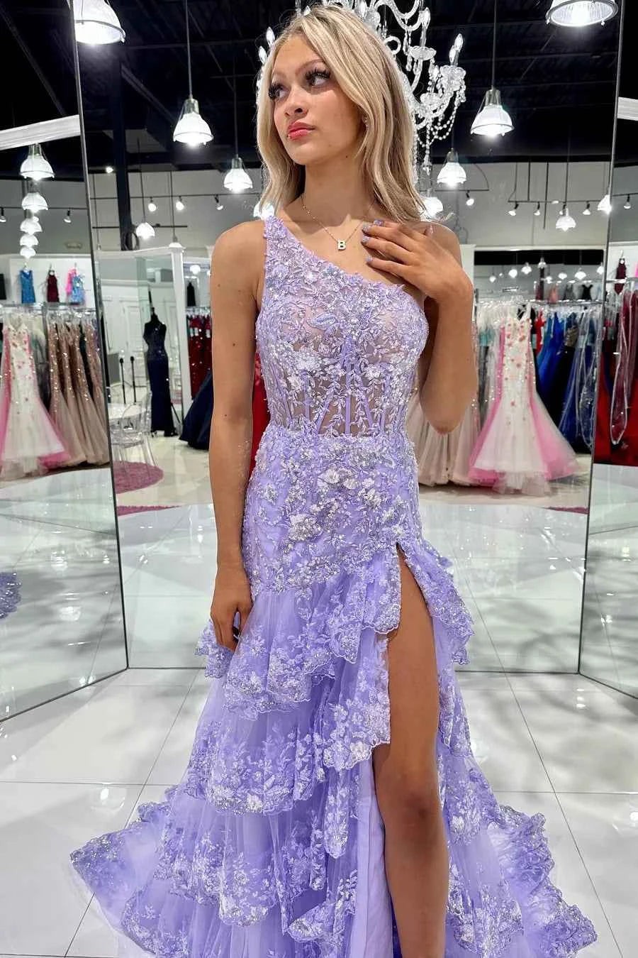 Navy Blue One Shoulder A Line Prom Dress Sparkly Polyester Lace Corset Evening Party Gown