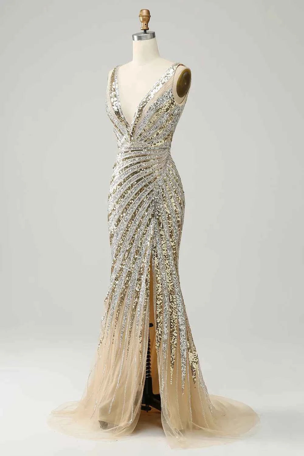 Sparkling Gold Sequined Mermaid Long Prom Dress With Deep V Neck